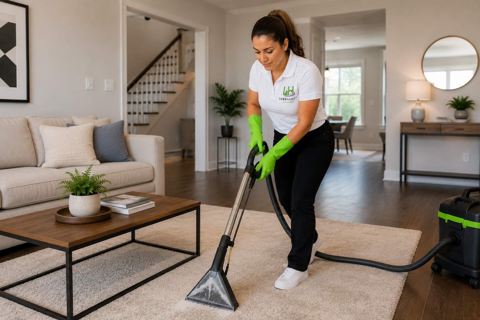 Professional carpet cleaning lady removing deep stains and dirt from a residential carpet in Connecticut