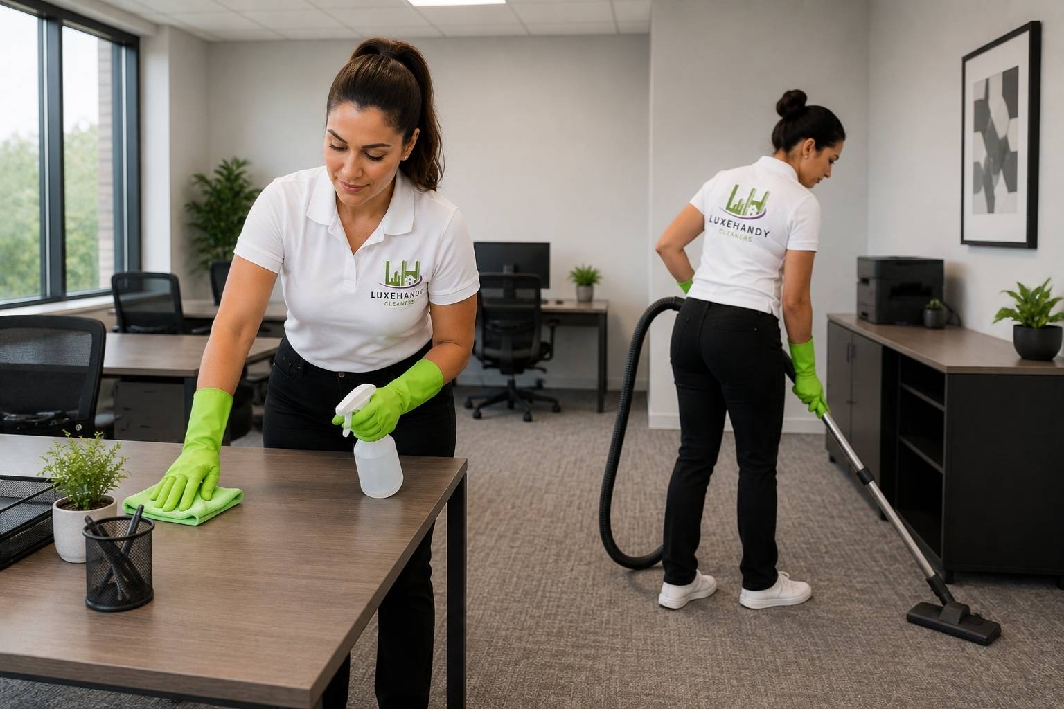 Professional commercial cleaning team cleaning an office workspace in Connecticut including desks floors and common areas