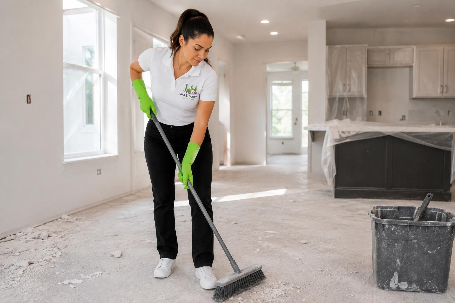 Lady cleaning post construction dust and debris from a renovated home in Connecticut wearing protective gear