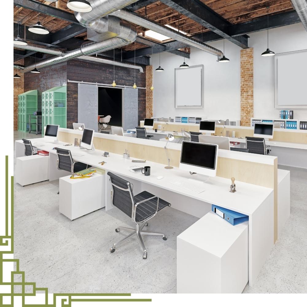 Professional commercial cleaning team cleaning an office workspace with desks floors and common areas in Connecticut