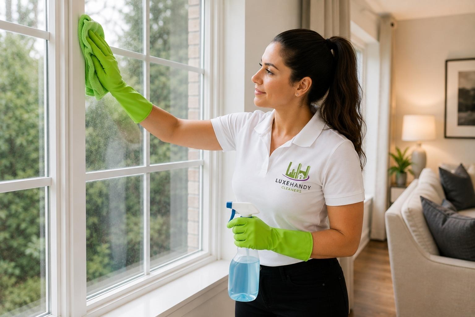Professional window cleaning lady removing dirt and streaks from a residential window in Connecticut